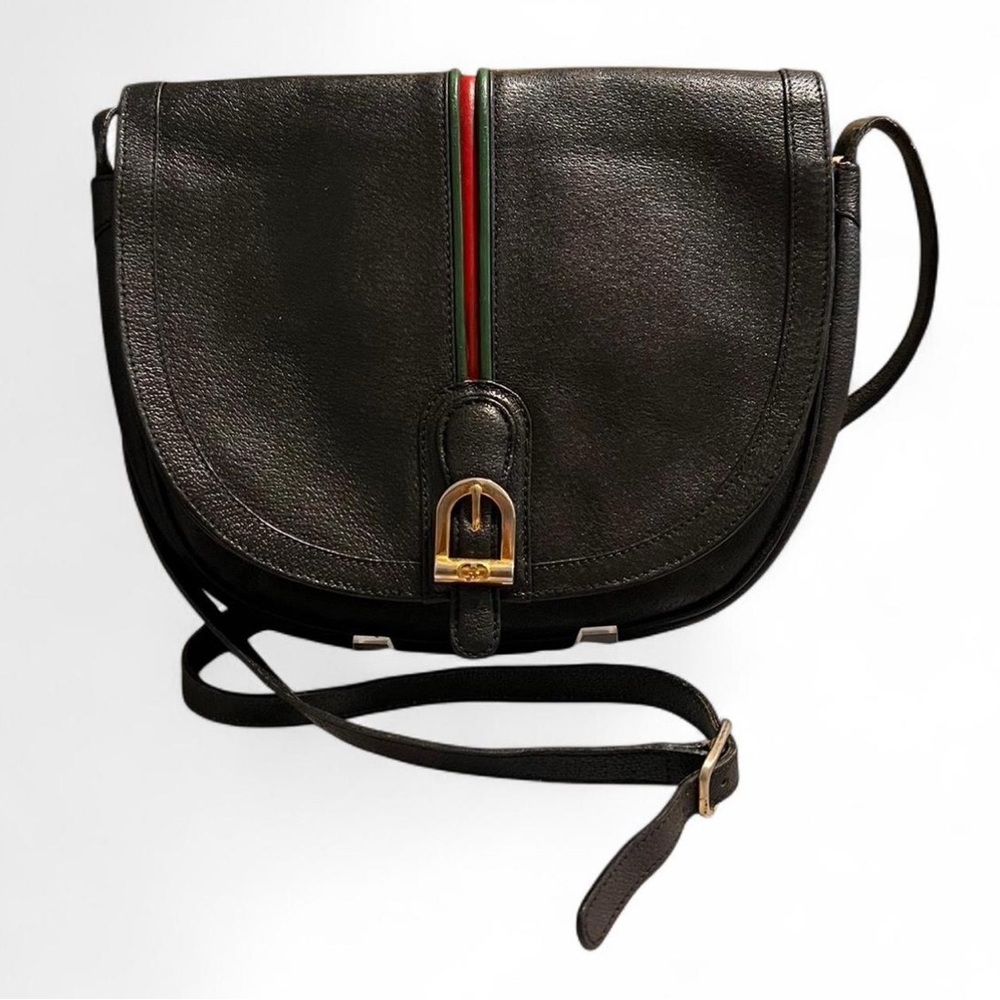 SOLD! Gucci Black and Gold Crossbody Bag with Saddle Design